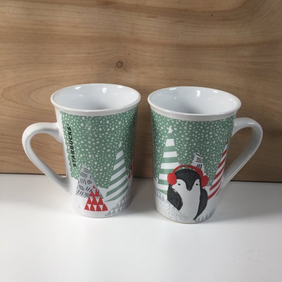2 STARBUCKS MUGS - PENGUINS EARMUFFS - Couples Christmas Winter Hot Cocoa 11 OZ - Picture 3 of 5